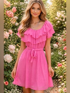 JB by Julie Brown Y2K Hot Pink Ruffle Belted Mini Dress